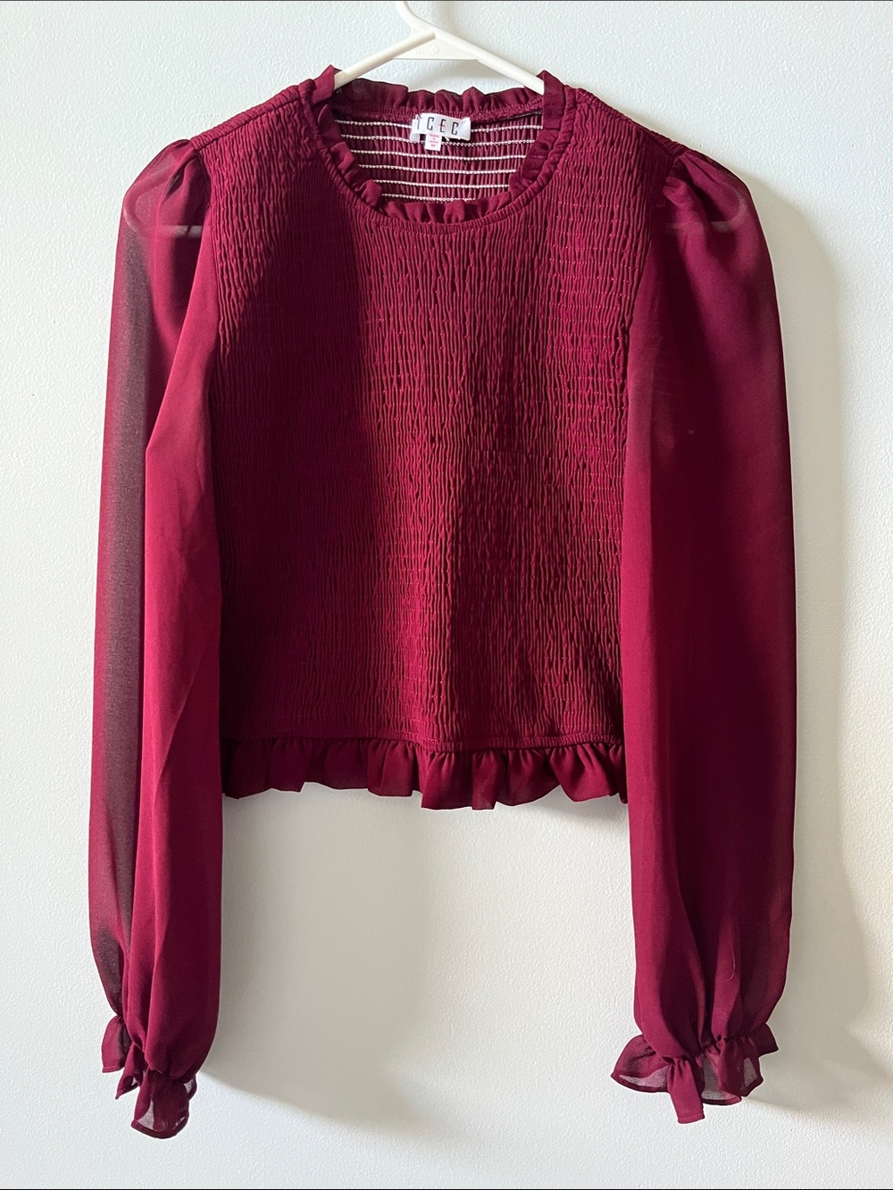 TCEC maroon wine red smocked blouse mesh sleeves